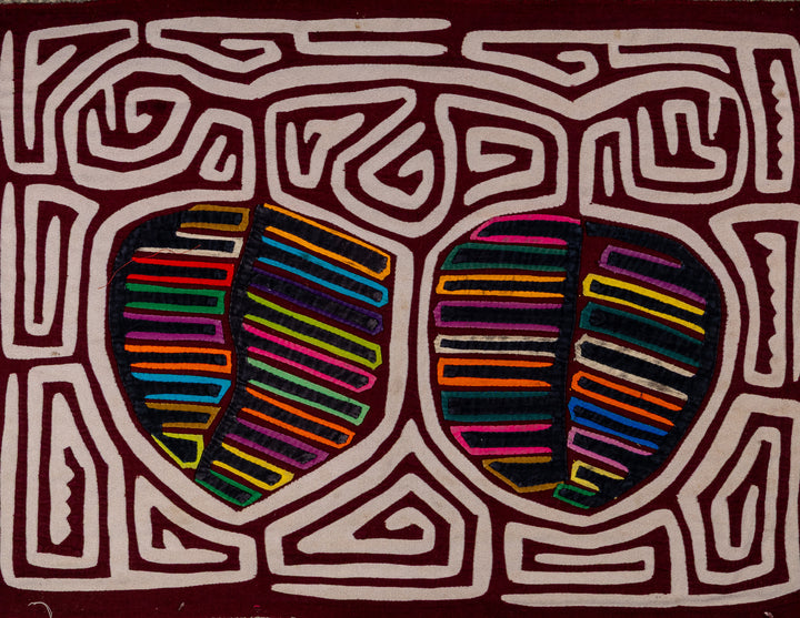Pair of tropical fruits mola, hand stitched Guna panel from Panama, 17 by 12.5 inches
