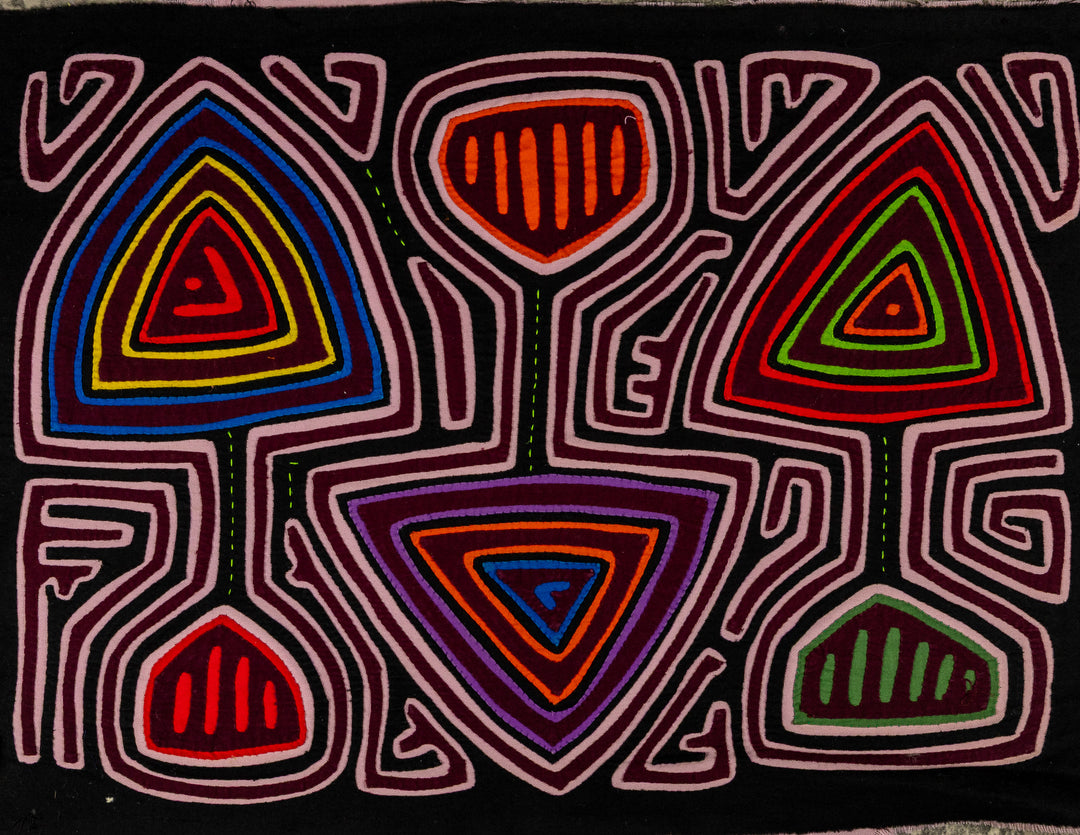 Garden spade and shovel mola, hand stitched Guna panel from Panama, 18 by 13 inches