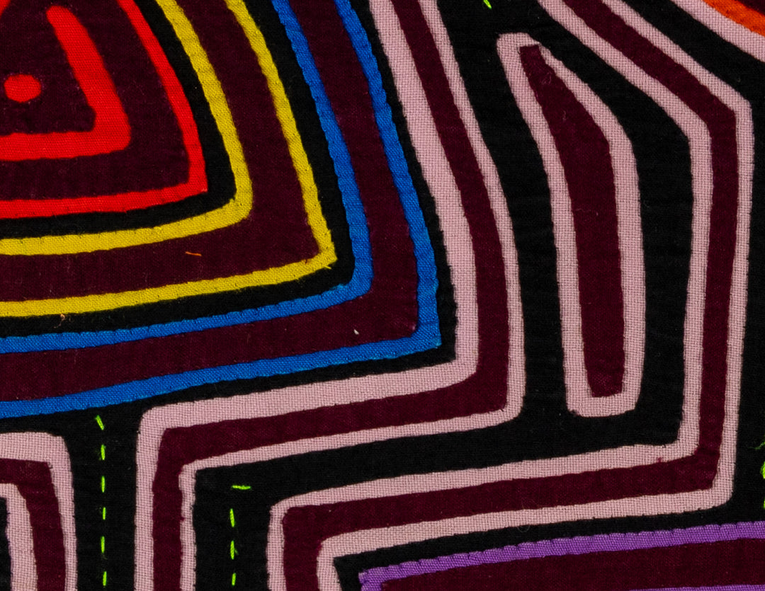 Garden spade and shovel mola, hand stitched Guna panel from Panama, 18 by 13 inches