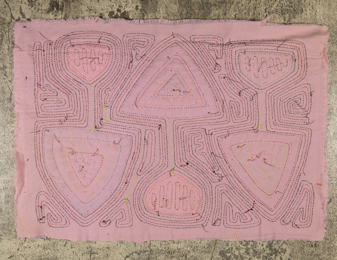 Garden spade and shovel mola, hand stitched Guna panel from Panama, 18 by 13 inches