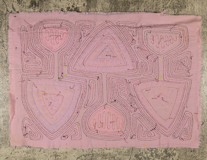 Garden spade and shovel mola, hand stitched Guna panel from Panama, 18 by 13 inches