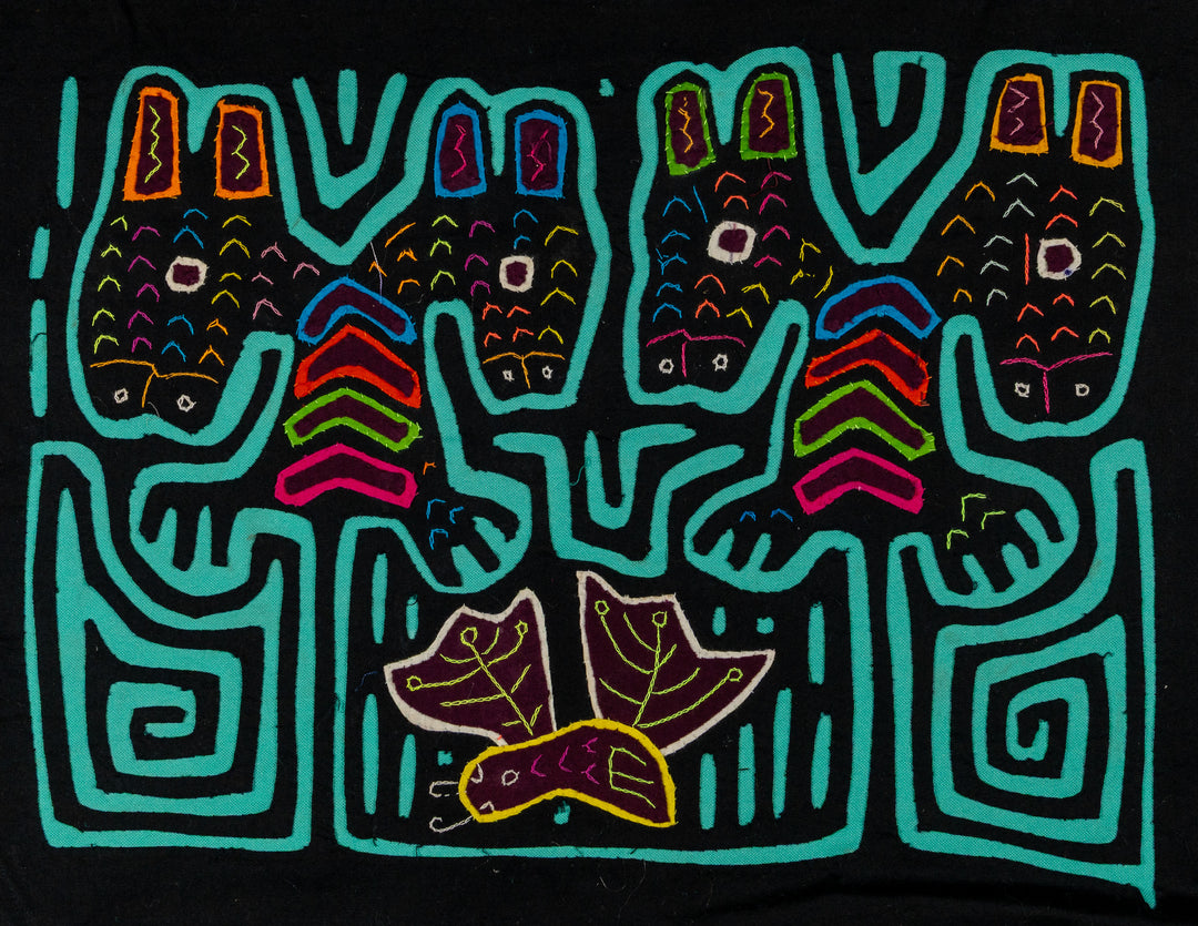 Four long eared puppy dogs mola, hand stitched Guna panel from Panama, 16 by 12 inches
