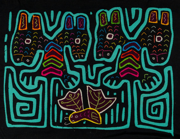 Four long eared puppy dogs mola, hand stitched Guna panel from Panama, 16 by 12 inches