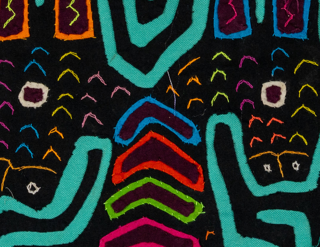 Four long eared puppy dogs mola, hand stitched Guna panel from Panama, 16 by 12 inches