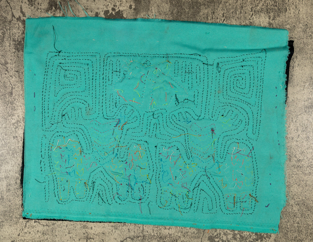 Four long eared puppy dogs mola, hand stitched Guna panel from Panama, 16 by 12 inches