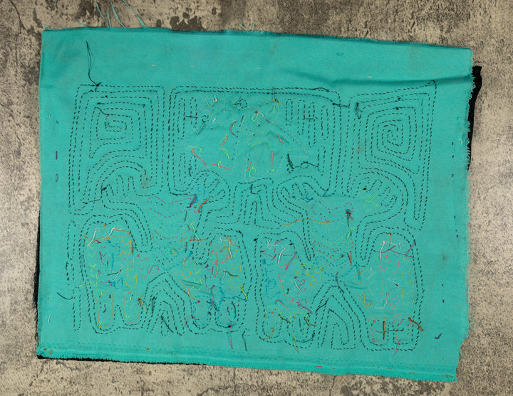 Four long eared puppy dogs mola, hand stitched Guna panel from Panama, 16 by 12 inches
