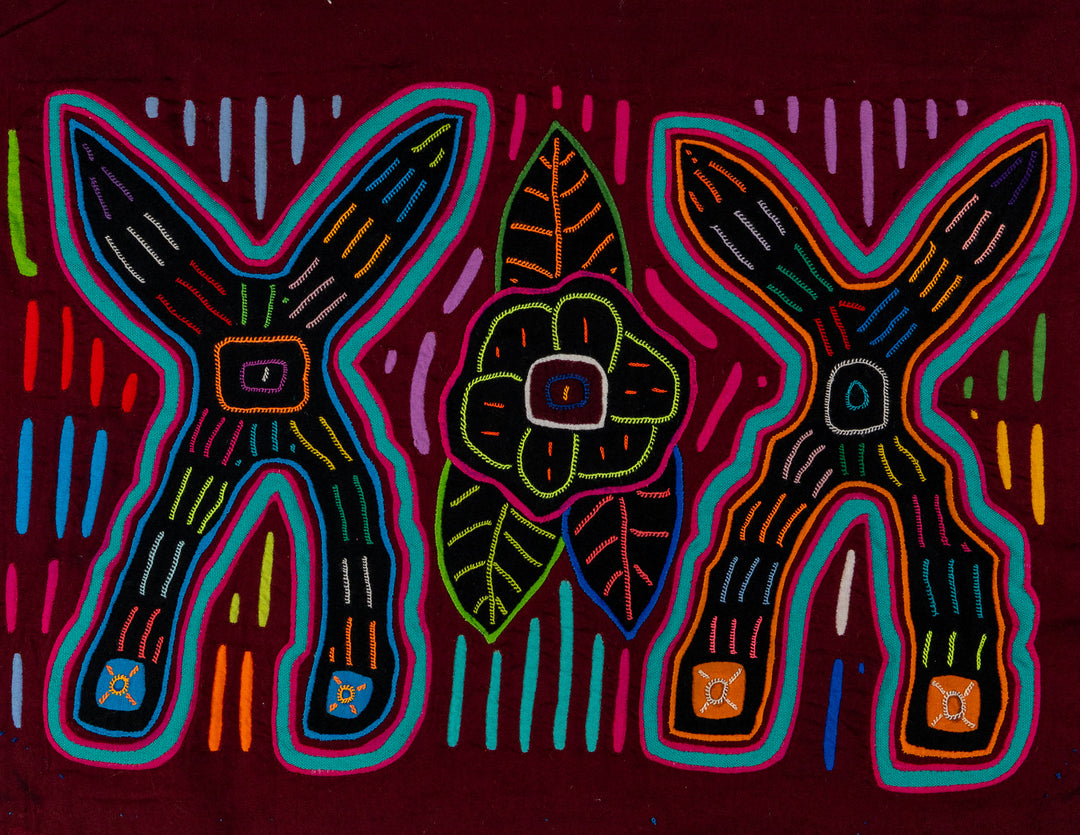 Cheers with two crosses mola, hand stitched Guna panel from Panama, 16 by 11.5 inches
