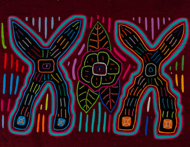 Cheers with two crosses mola, hand stitched Guna panel from Panama, 16 by 11.5 inches