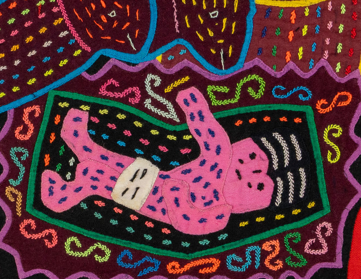 Nativity with women and baby mola, hand stitched Guna panel from Panama, 14 by 12 inches