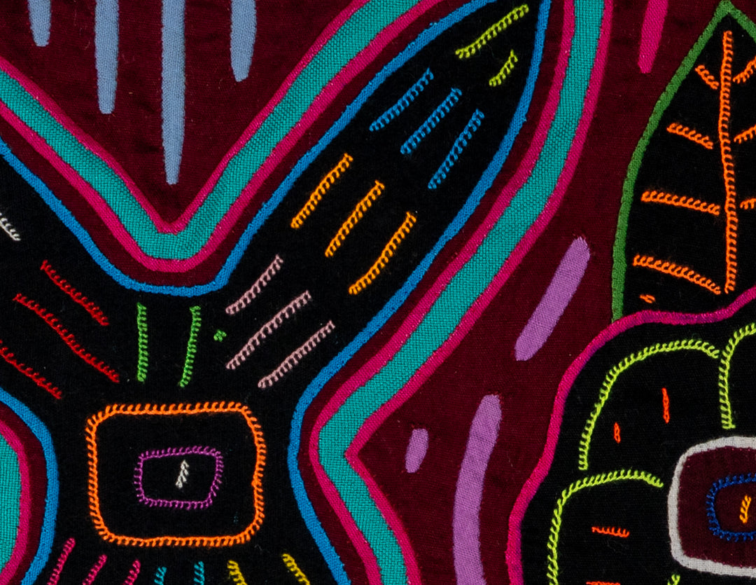 Cheers with two crosses mola, hand stitched Guna panel from Panama, 16 by 11.5 inches