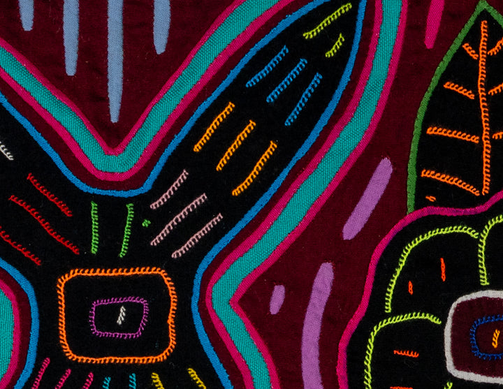 Cheers with two crosses mola, hand stitched Guna panel from Panama, 16 by 11.5 inches