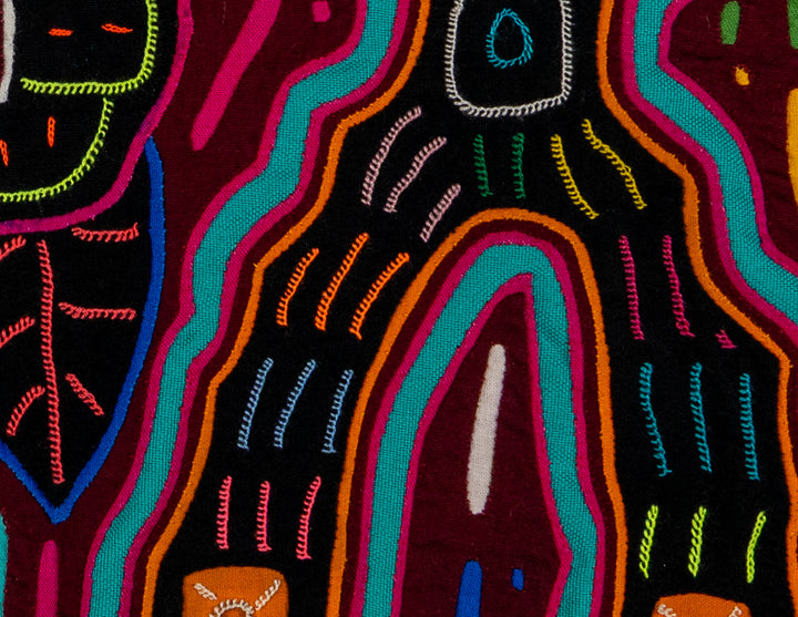 Cheers with two crosses mola, hand stitched Guna panel from Panama, 16 by 11.5 inches