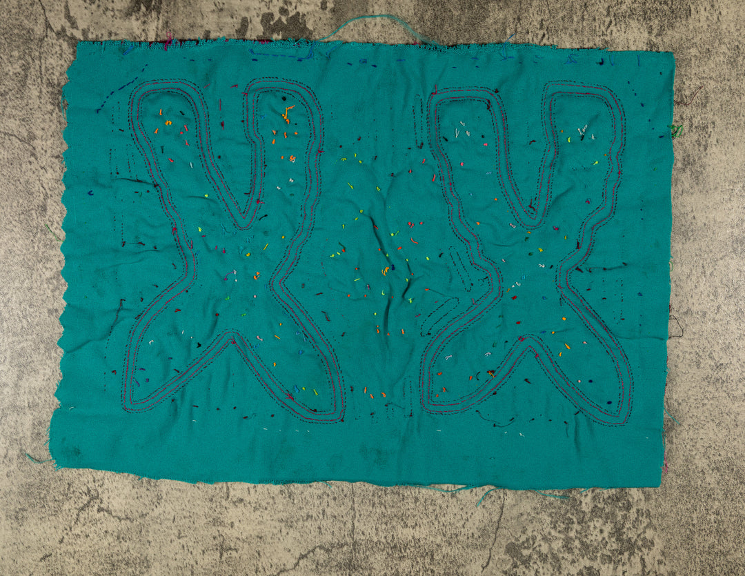 Cheers with two crosses mola, hand stitched Guna panel from Panama, 16 by 11.5 inches