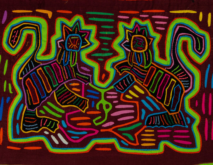 Two jungle cats mola, hand stitched Guna panel from Panama, 18 by 12 inches