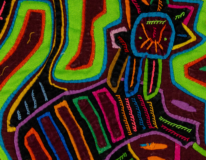 Two jungle cats mola, hand stitched Guna panel from Panama, 18 by 12 inches