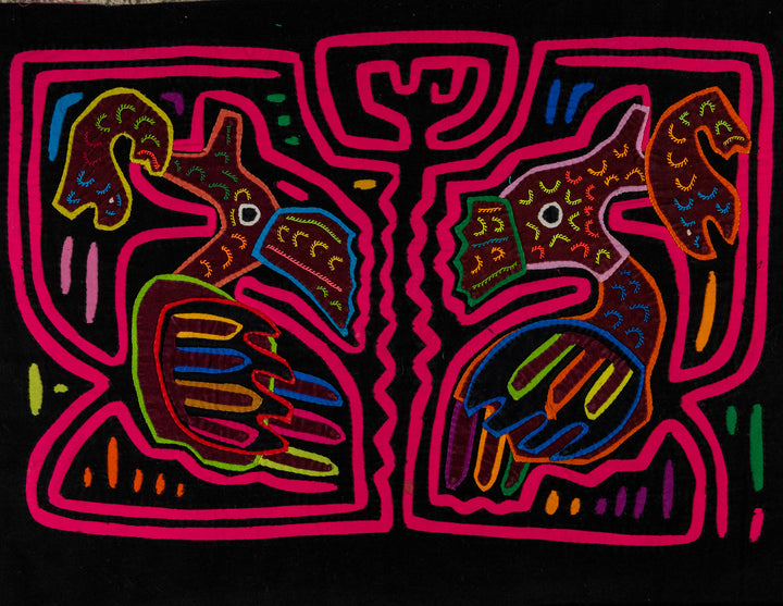 Pelican and kingfisher with fish mola, hand stitched Guna panel from Panama, 17 by 12.5 inches