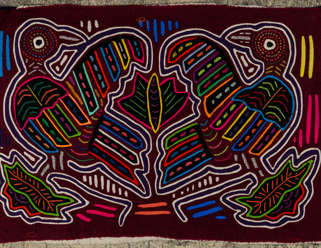 Two collared aracaris mola, hand stitched Guna panel from Panama, 16 by 10.5 inches