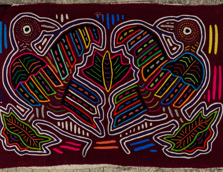 Two collared aracaris mola, hand stitched Guna panel from Panama, 16 by 10.5 inches