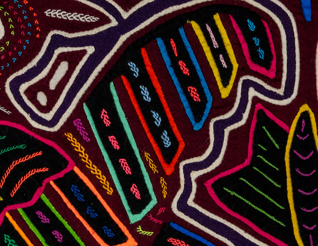 Two collared aracaris mola, hand stitched Guna panel from Panama, 16 by 10.5 inches