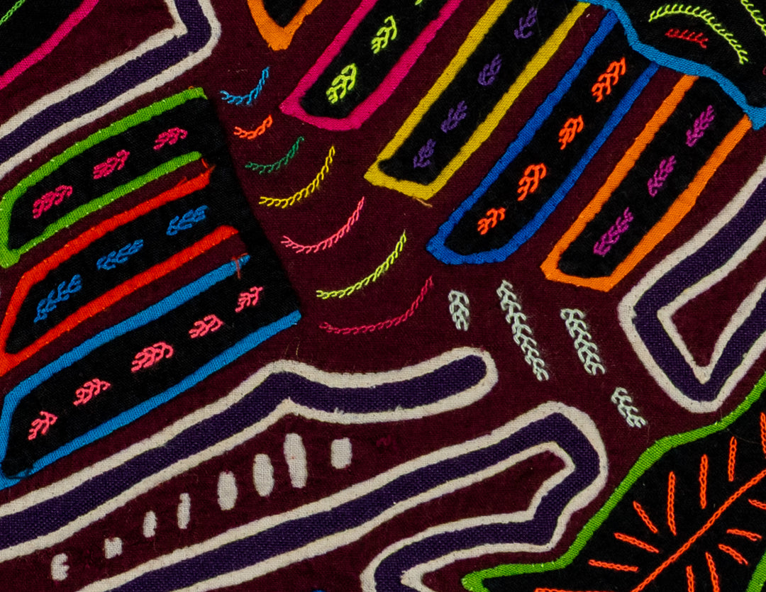Two collared aracaris mola, hand stitched Guna panel from Panama, 16 by 10.5 inches