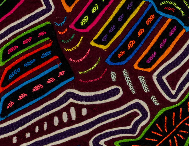 Two collared aracaris mola, hand stitched Guna panel from Panama, 16 by 10.5 inches