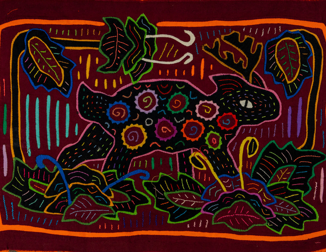 Small deer or agouti mola, hand stitched Guna panel from Panama, 17 by 11.5 inches