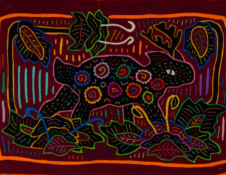 Small deer or agouti mola, hand stitched Guna panel from Panama, 17 by 11.5 inches