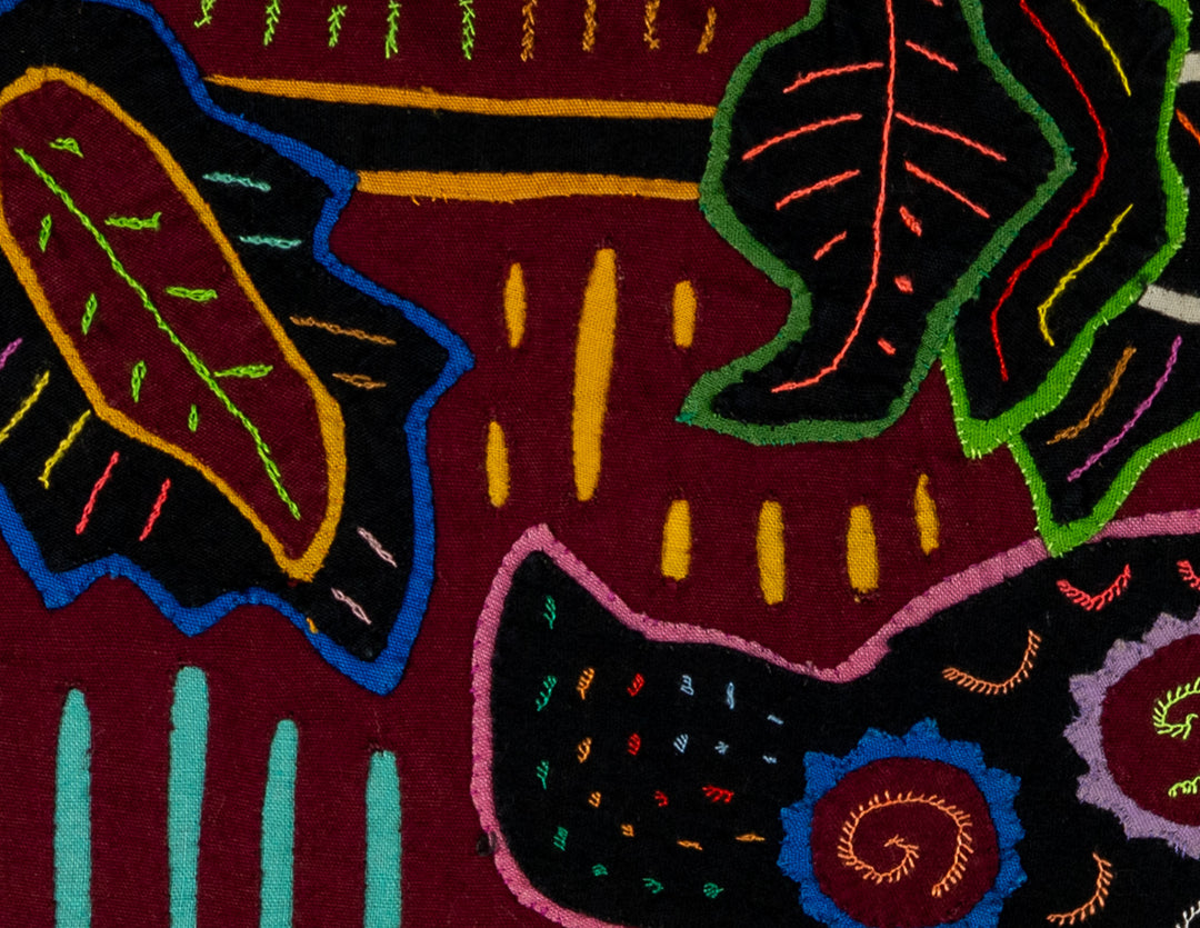 Small deer or agouti mola, hand stitched Guna panel from Panama, 17 by 11.5 inches
