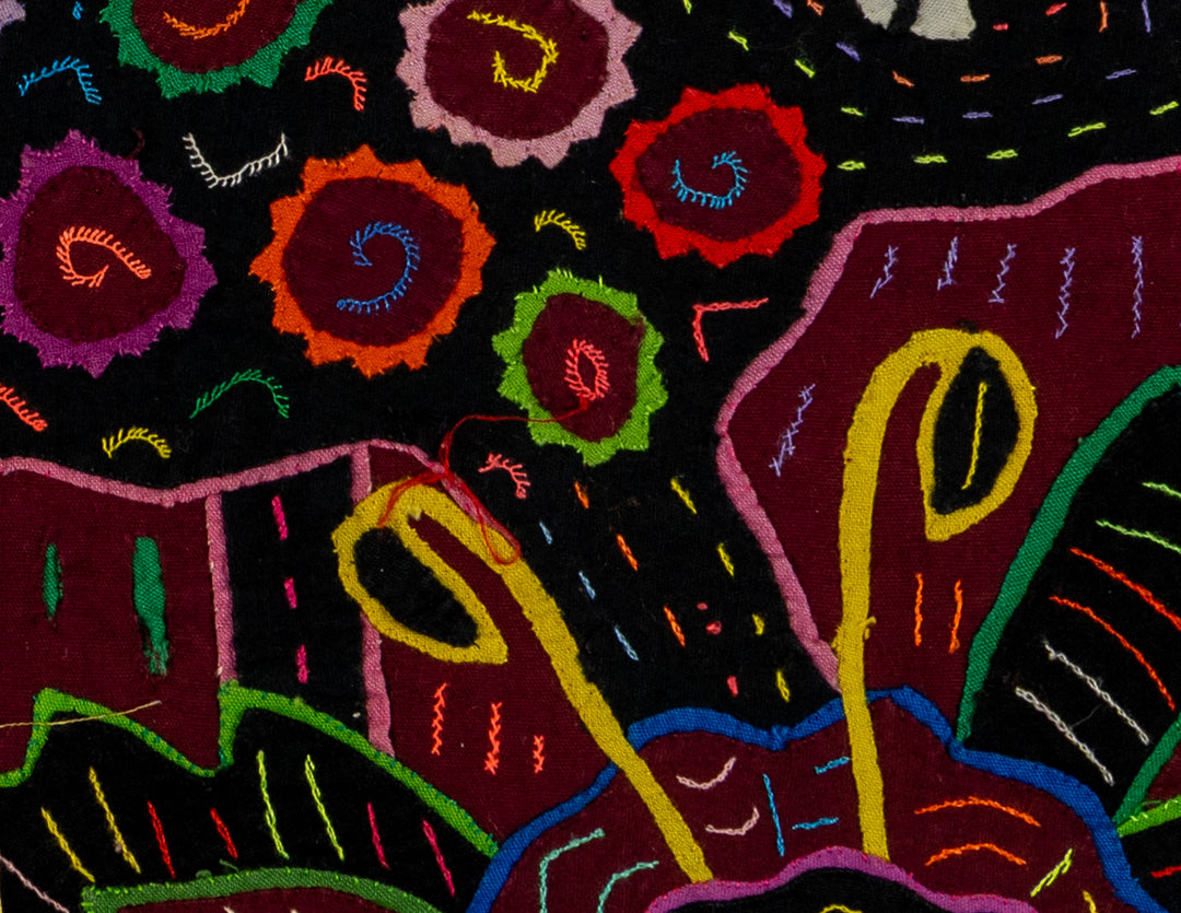 Small deer or agouti mola, hand stitched Guna panel from Panama, 17 by 11.5 inches