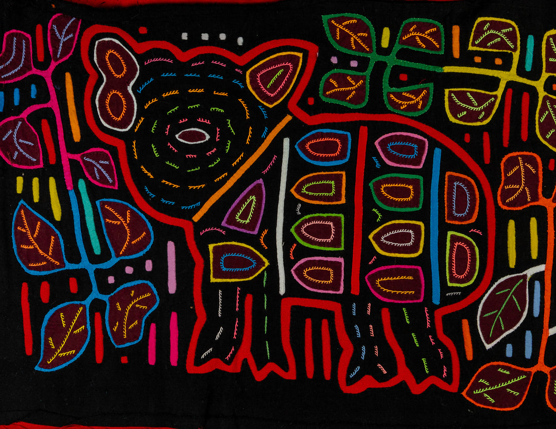 Wild jungle pig mola, hand stitched Guna panel from Panama, 17 by 11.5 inches