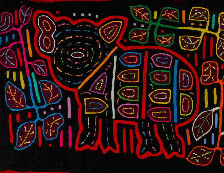 Wild jungle pig mola, hand stitched Guna panel from Panama, 17 by 11.5 inches