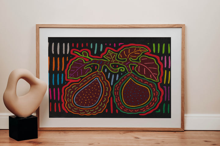 Panama mola panel, two big fruits with broad leaves outlined in red on black, hand stitched reverse applique
