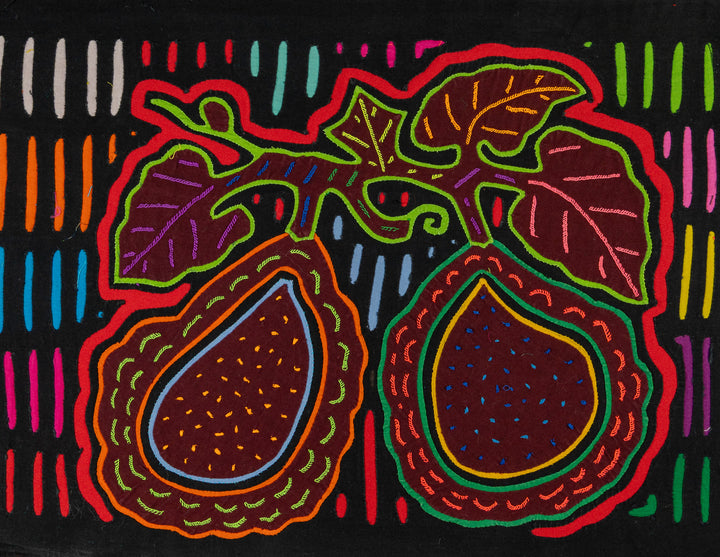 Two rainforest fruits mola, hand stitched Guna panel from Panama, 17 by 12.5 inches