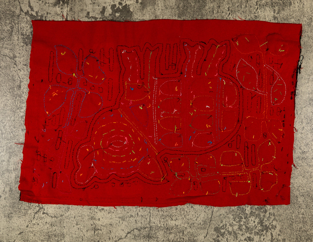 Wild jungle pig mola, hand stitched Guna panel from Panama, 17 by 11.5 inches