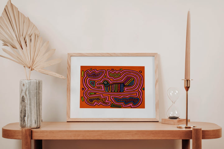 Orange And Pink Bird Riding The Waves Mola