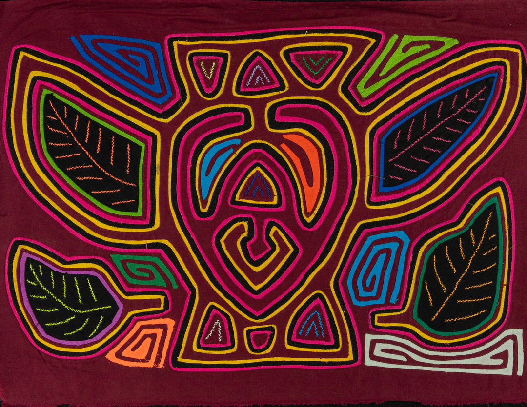Bumblebee in flight mola, hand stitched Guna panel from Panama, 19 by 13 inches