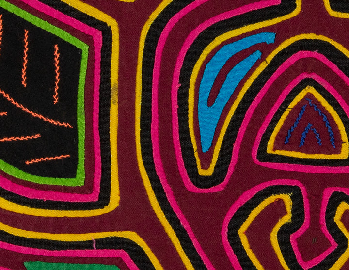 Bumblebee in flight mola, hand stitched Guna panel from Panama, 19 by 13 inches