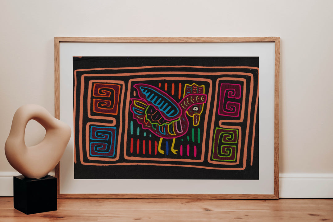 Panama mola panel, rooster with a tall comb and blue tail outlined in peach on black, hand stitched reverse applique