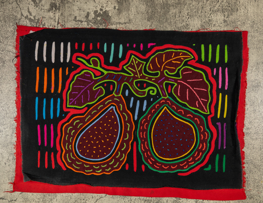 Panama mola panel, two big fruits with broad leaves outlined in red on black, hand stitched reverse applique