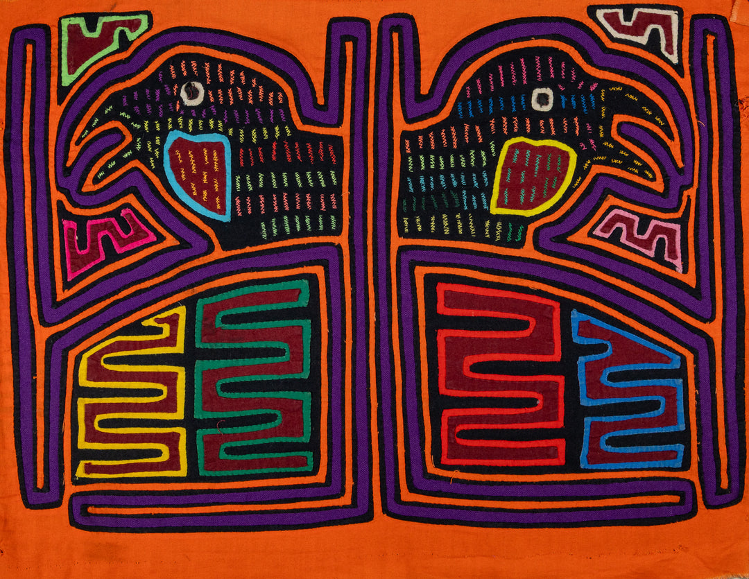 Quirky birdcage mola, hand stitched Guna panel from Panama, 17 by 12.5 inches