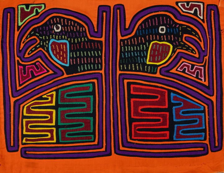 Quirky birdcage mola, hand stitched Guna panel from Panama, 17 by 12.5 inches