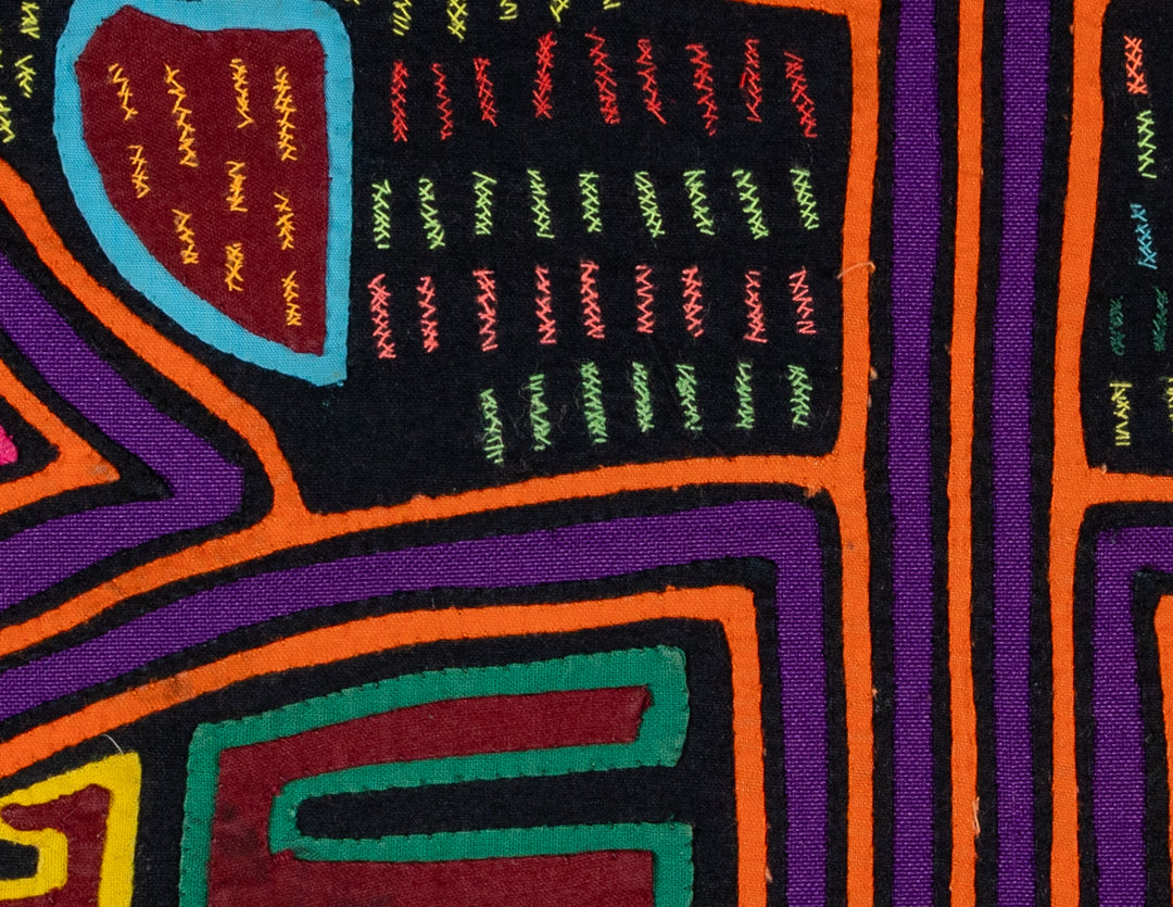 Quirky birdcage mola, hand stitched Guna panel from Panama, 17 by 12.5 inches