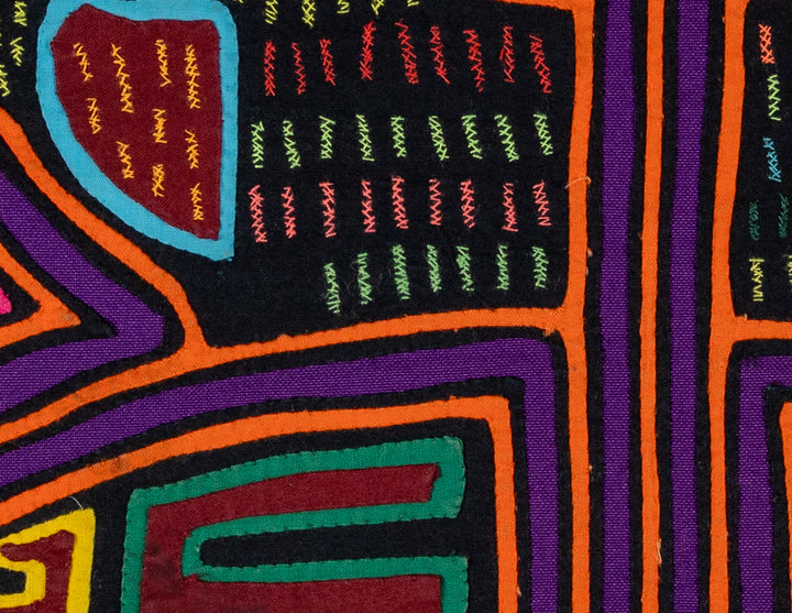 Quirky birdcage mola, hand stitched Guna panel from Panama, 17 by 12.5 inches