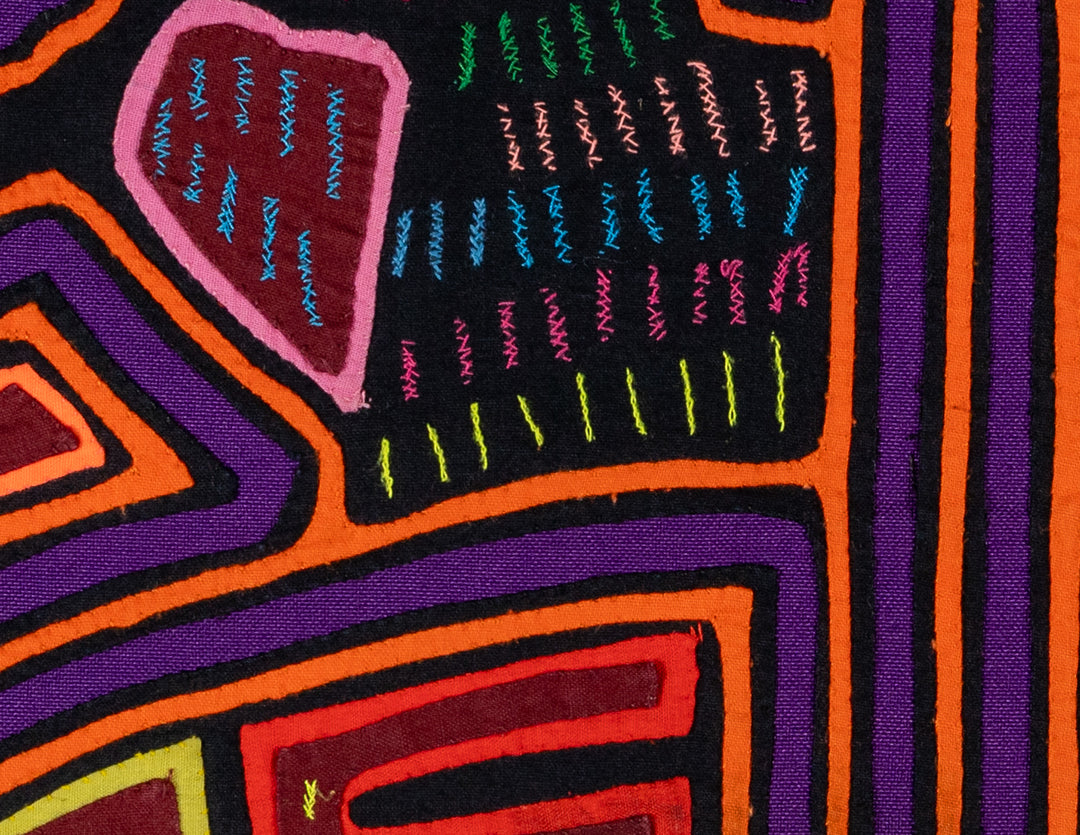 Odd little birdcage mola, hand stitched Guna panel from Panama, 17 by 12.5 inches
