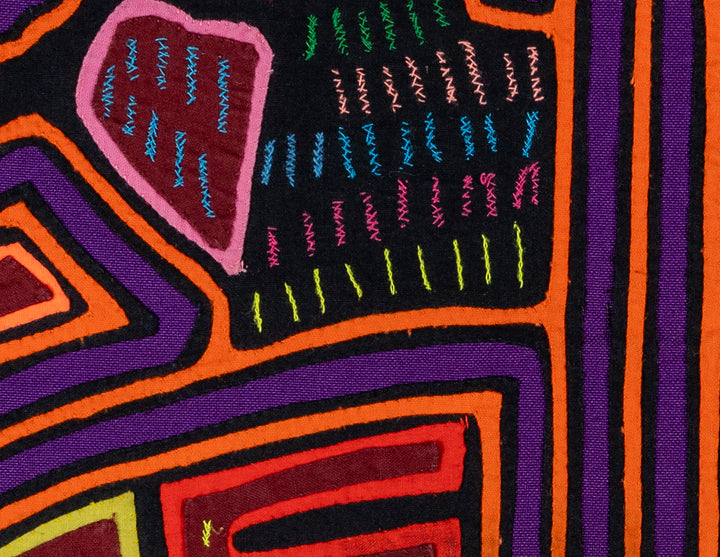 Odd little birdcage mola, hand stitched Guna panel from Panama, 17 by 12.5 inches