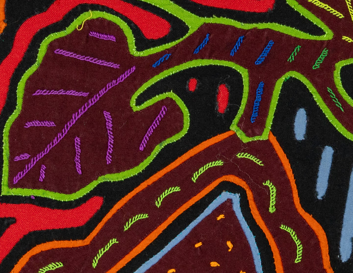 Two rainforest fruits mola, hand stitched Guna panel from Panama, 17 by 12.5 inches
