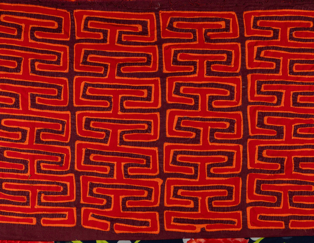 Key pattern from a blouse mola, hand stitched Guna panel from Panama, 20 by 12 inches