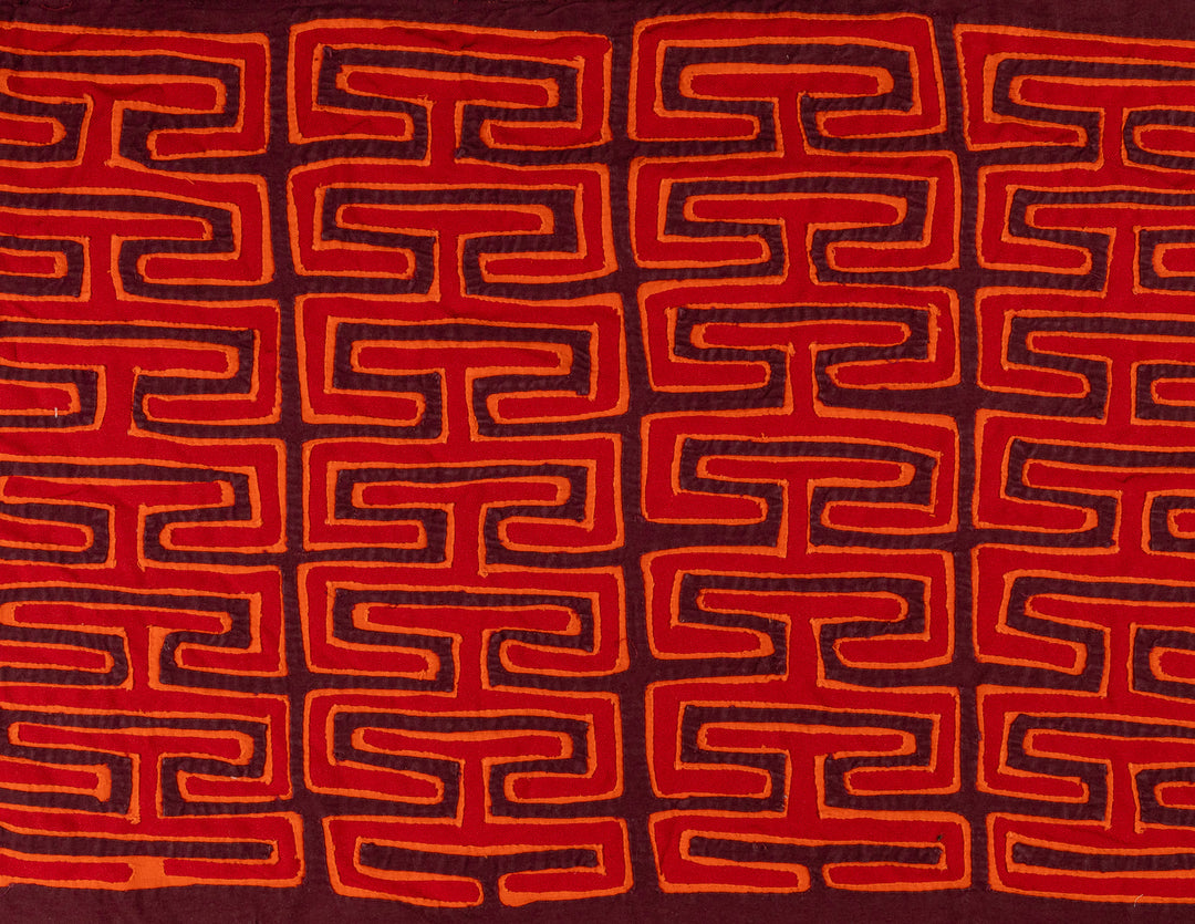 Key pattern saved from a blouse mola, hand stitched Guna panel from Panama, 20 by 14 inches