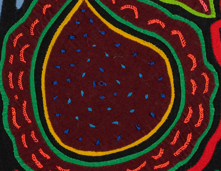 Two rainforest fruits mola, hand stitched Guna panel from Panama, 17 by 12.5 inches
