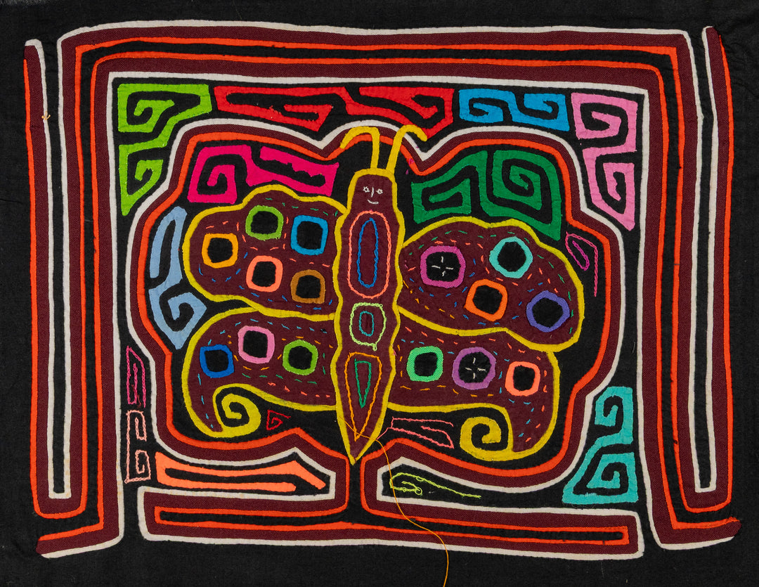Smiling polka dot butterfly mola, hand stitched Guna panel from Panama, 16 by 12 inches